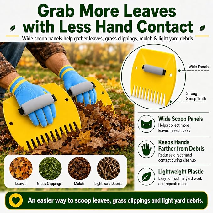 Leaf Scoops Hand Rakes, Leaf Claws & Leaf Grabbers for Yard Work with Adult & Kids Garden Gloves, Soft Handle Covers, Family Yard Cleanup Kit for Leaves and Grass Clippings