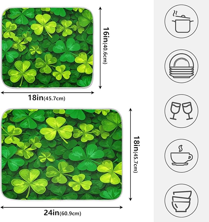 Patricks Day Shamrocks Lucky Clover Leaves Dish Drying Mat for Kitchen Counter Absorbent Microfiber Large Drying Pad Dish Mats for Kitchen Countertops 18 x 24 Inch