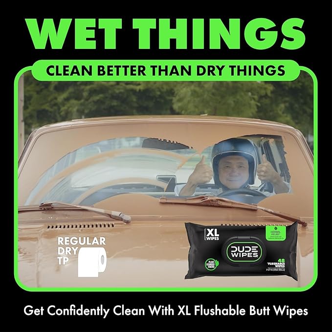 DUDE Wipes Herbal Relief Adult Flushable Wet Wipes, Witch Hazel, 144 Count | 3 packs of 48 extra large flushable butt wipes. Soothing relief. 99% water, geranium oil, vitamin E and aloe. Septic safe.