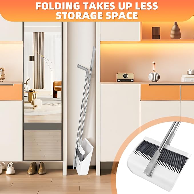 Broom and Dustpan Set, 51 inch Long Adjustable Handle Angle Broom and Dustpan Combo Set with Double Dustpan Teeth to Clean Hair for Home Kitchen Office Lobby, White&Grey