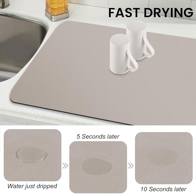WISELIFE Dish Drying Mat Super Absorbent Drying Mat Large Dish Drying Mats for Kitchen Counter Easy Clean Dish Mat Kitchen Drying Mat18"x 32" Classic Khaki