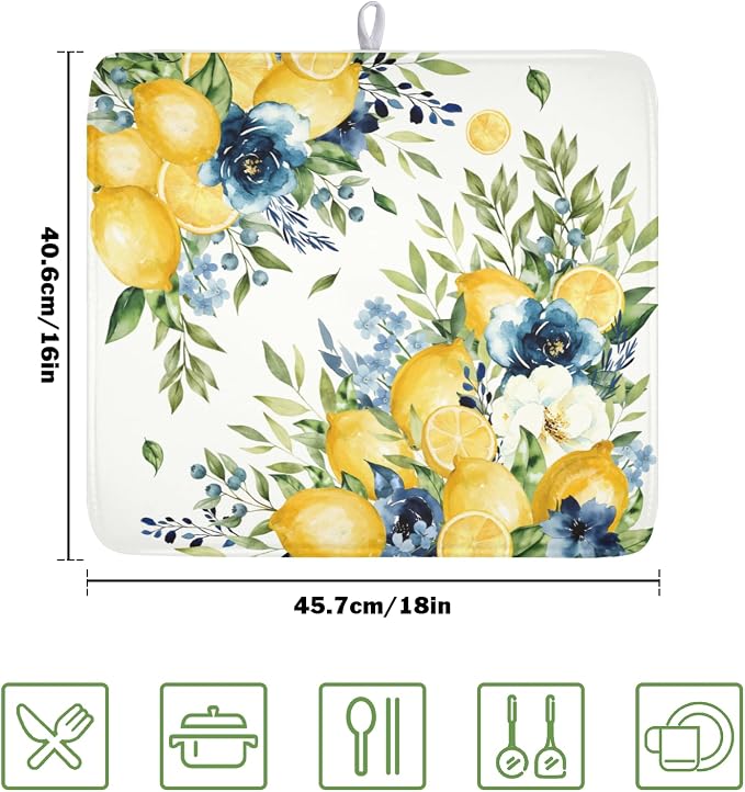 Blue Floral Camellia Lemon Dish Drying Mat 16x18 Inch | Polyester，Absorbent Microfiber，for Kitchen Coffee Dining Bar Decor