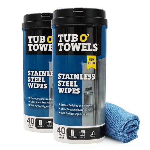 Tub O' Towels Heavy Duty Stainless Steel Cleaner Wipes 2 Pack – 40 Count Cleaning Wipes with 12 x 12 Microfiber Cloth for Appliances & Metal Surfaces