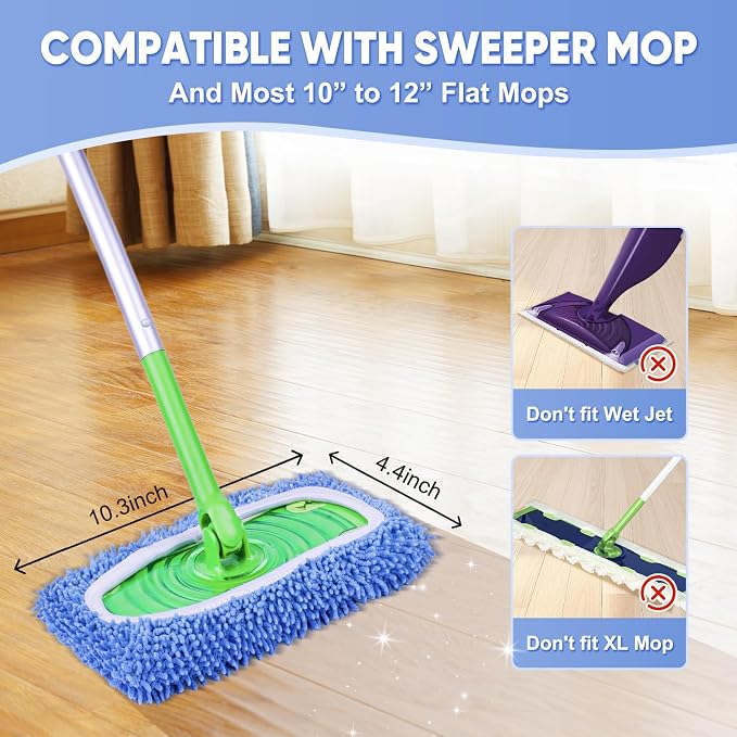 6 Pack Reusable Mop Pads Compatible with Swiffer Sweeper, Chenille Mop Refill Pads, Dry & Wet Mopping Cloths for Floor Cleaning -Blue