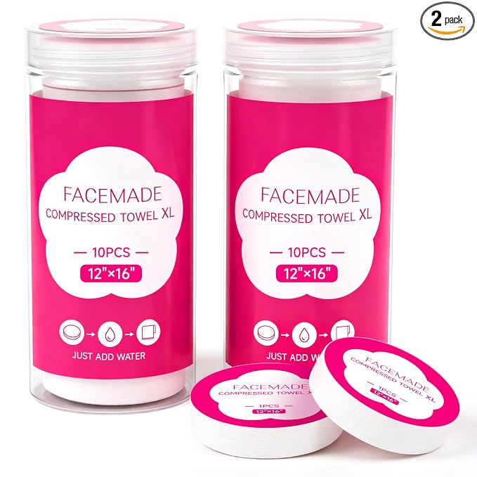 FACEMADE Premium Compressed Towels 12"×16", Luxurious Thick Disposable Face Towel, Portable Disposable Washcloths with 2 Waterproof Bottle, Travel Towel for Bussiness Trip, Outdoors & Daily Use