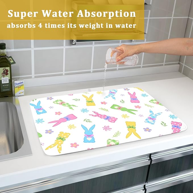 Easter Dish Drying Mat for Kitchen Counter Cute Bunny Floral Holiday Microfiber Absorbent Dish Draining Reusable Washable Foldable Extra Large 18"x24"