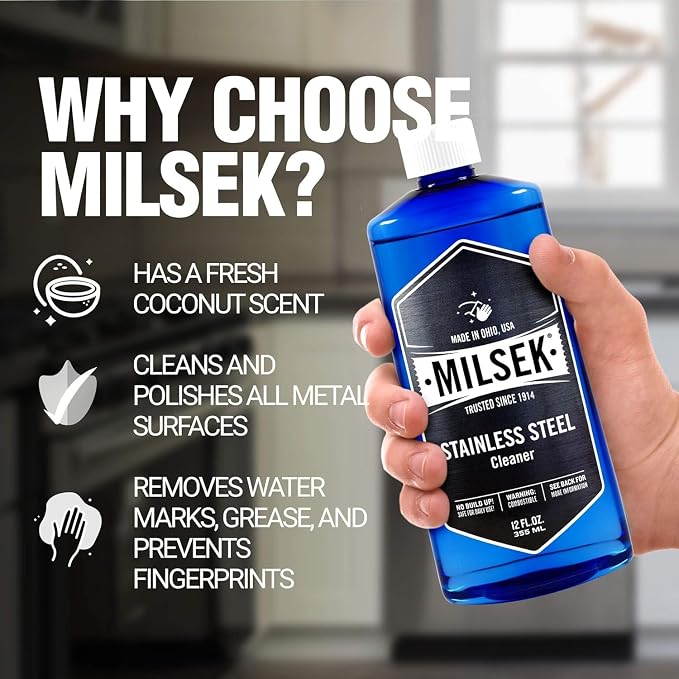 Milsek Stainless Steel Cleaner - Multipurpose Cleaning Supplies for Home and Kitchen Appliances, Sink, Stovetop, Dishwasher, Microwaves and Refrigerators - 12 Fl Oz (Pack of 1)