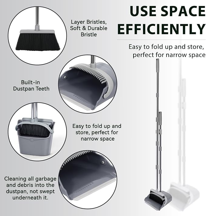 YZO Broom and Dustpan Set, 54.33 Inch Long Handle Standing Design, Dustpan Front Rubber Tight Seal, Broom with 5 Layer Bristles, Suitable for Bedroom, Yard, Office and Apartment(Gray&Black)
