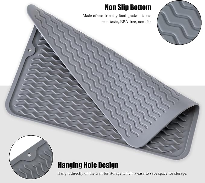 Silicone Dish Drying Mat for Multiple Usage, Easy clean, Eco-friendly, Heat-resistant Dish Drainer Mat for Kitchen Counter,Sink,Refrigerator or Drawer liner (12" x 12", BEIGE)