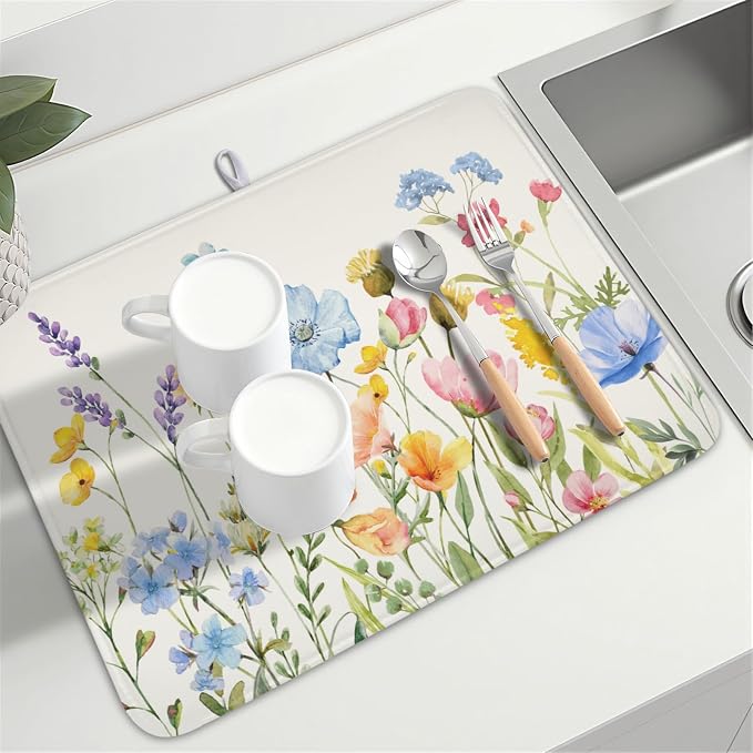 Botanical Floral Dish Drying Mat for Kitchen Counter 18x24 Inch | Wildflower，Polyester，Absorbent Microfiber，for Kitchen Coffee Dining Bar Decor