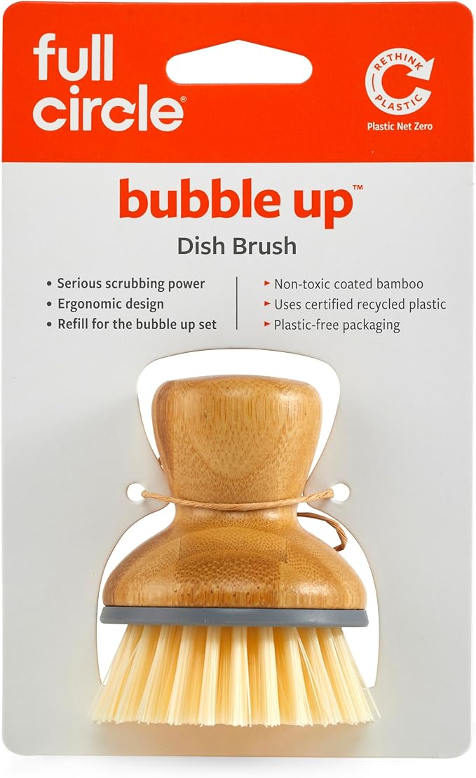 Full Circle Bubble Up - Bamboo Dish Brush – Ergonomic Palm Scrubber with Handle for Kitchen Cleaning, Gray, Pack of 1
