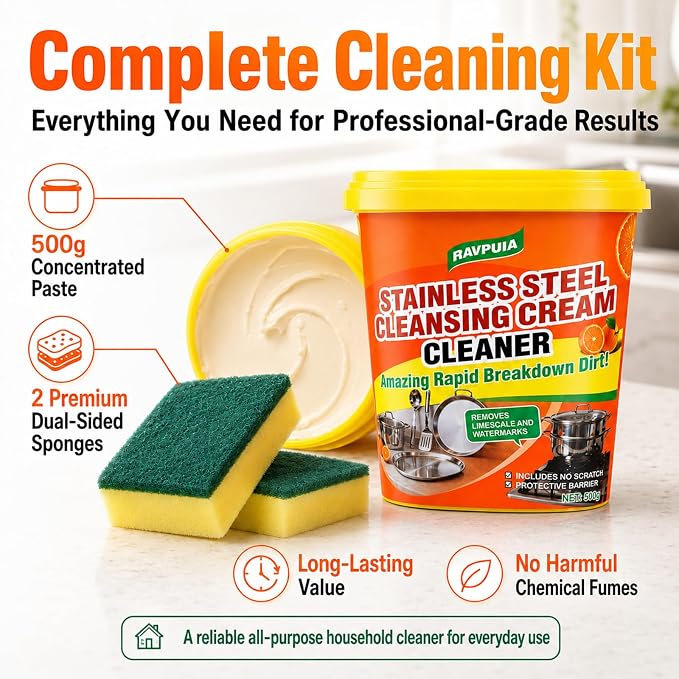 STAINLESS STEEL CLEANER & POLISH - Heavy Duty Cleaning Paste for Stove, Oven, Pans, Cookware, Sink | All Purpose Multi-Purpose Household Cleaner | Removes Grease & Stains | with 2 Sponges (500g)