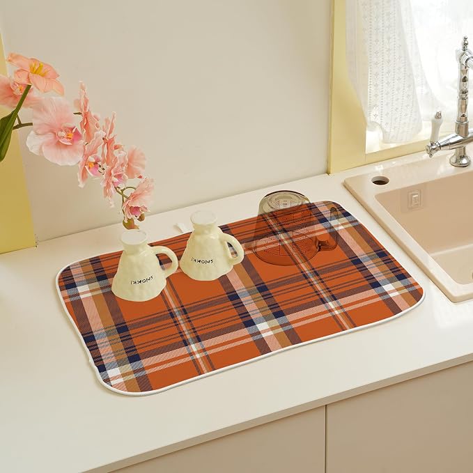 Fall Plaid Dish Drying Mat 18x24 Inch Autumn Orange Blue Buffalo Plaid Drying Mat for Kitchen Counter Absorbent Farmhouse Harvest Thanksgiving Dishes Dry Pad for Drainer Rack Kitchen Fast Dry