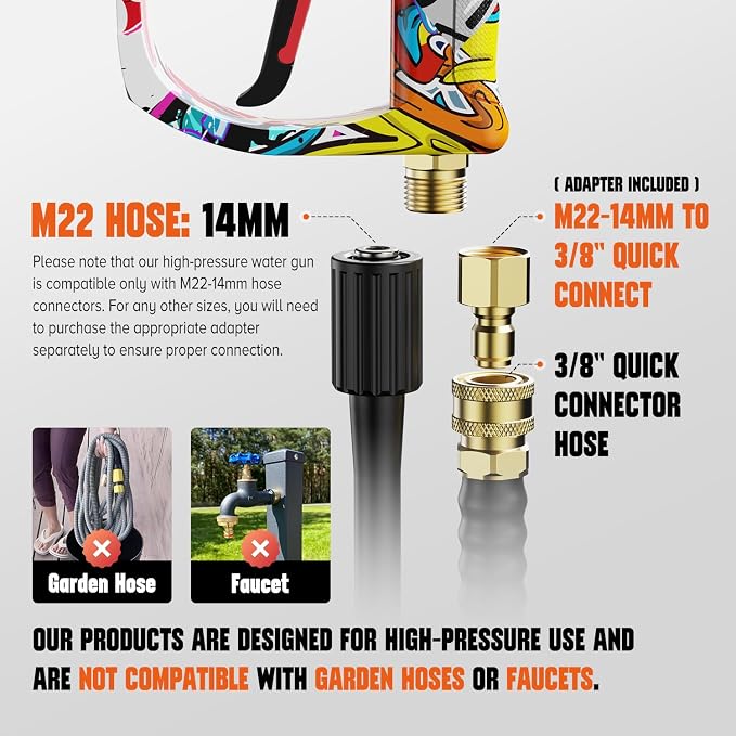 Short Pressure Washer Gun, Power Washer Gun | 4000PIS Pressure Washer Wand for Foam Cannon, 3/8" & M22-14mm Connect, 1/4" Quick Connect, Car Washer Gun 5 Spray Nozzle