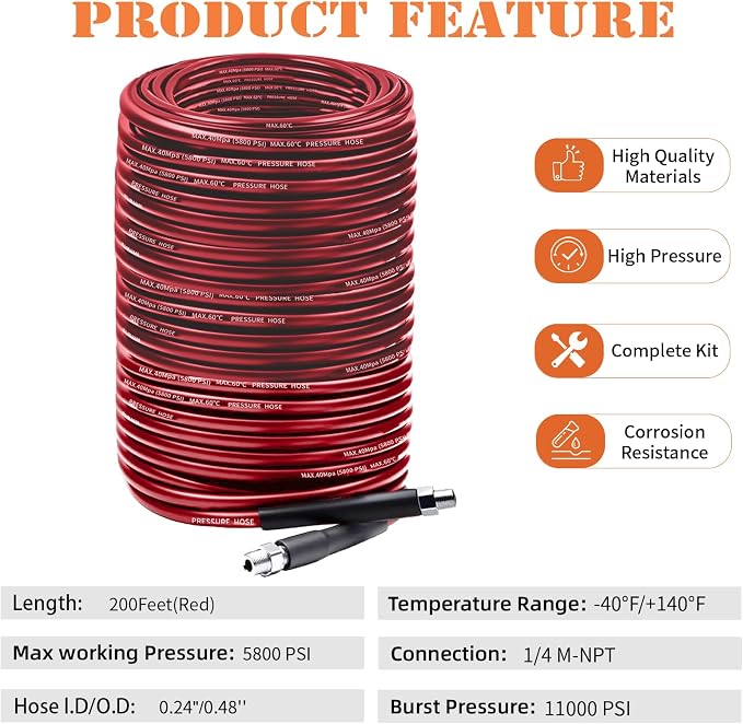 Sewer Jetter Kit for Pressure Washer 200FT, 5800PSI Drain Cleaner Hose with 1/4 Inch NPT Corner, Rotating Nozzle and 4 Different Button Nose Sewer Jet Nozzles, Waterproof Tape and 2 Spanners (Red)