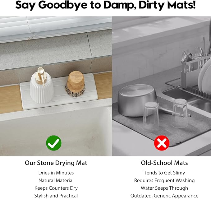 3 Pack Stone Drying Tray, Water Absorbing Stone Sink Mat for Kitchen & Bathroom Counter, Diatomite Soap Dish Vanity Caddy, Sponge Holder Organizer, White - 2pcs of 4.5"x 3.5" and 1pc of 9"x 3.5"