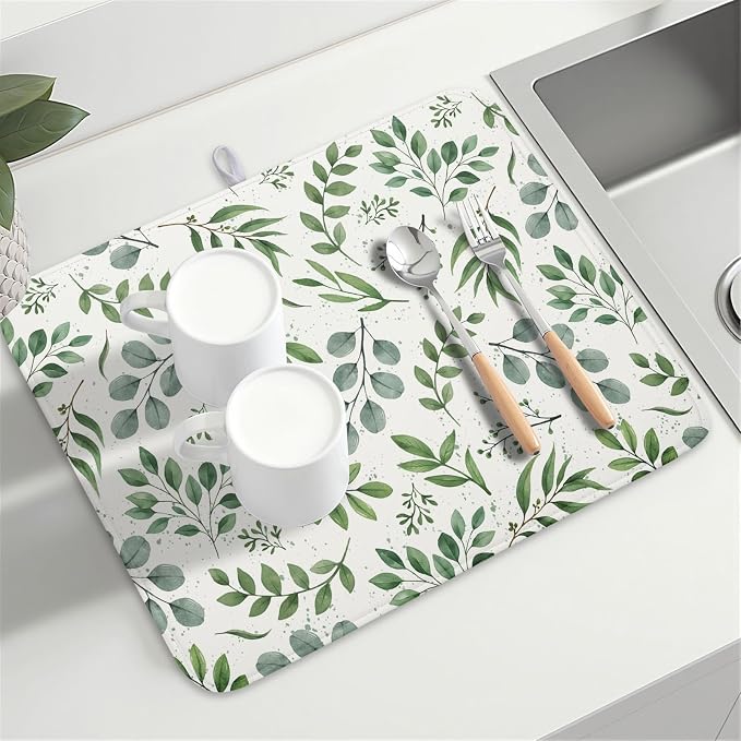 Kawani Sage Green Dish Drying Mat 18x24 In Absorbent Reversible Eucalyptus Leaves Plant Drying Mat Green Plant Dish Drying Rack Mat Spring Summer Themed Dish Drainer Mat for Kitchen Counter Coffee Bar