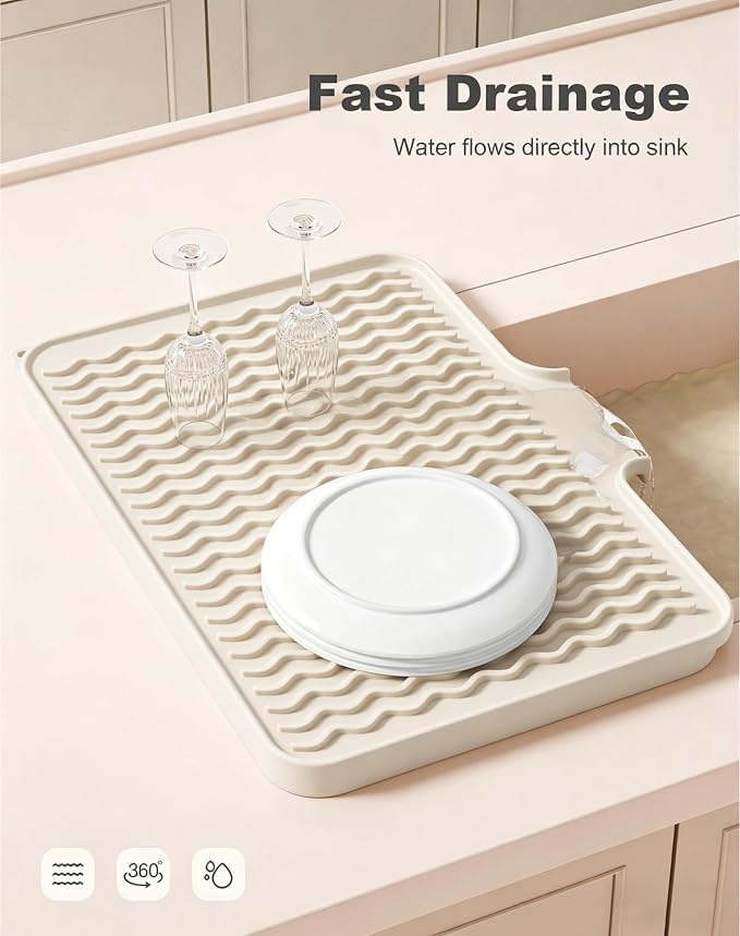 Rnivvi Silicone Dish Drying Mat for Kitchen Counter, 16 x 12" Drainer Pad with Drainage Spout, Non-Slip Countertop Protector Heat Resistant Trivet, Kitchen Decor Mat Sink Drip Pad for Dishes, Beige