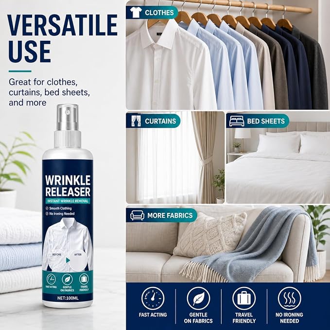 Wrinkle Release Spray Travel Size, Travel Wrinkle Release Spray, No Iron Needed, Fabric Freshener, Anti‑Static, 3.38oz Leak‑Proof Bottle for Clothes, Linens & Upholstery (2pcs)