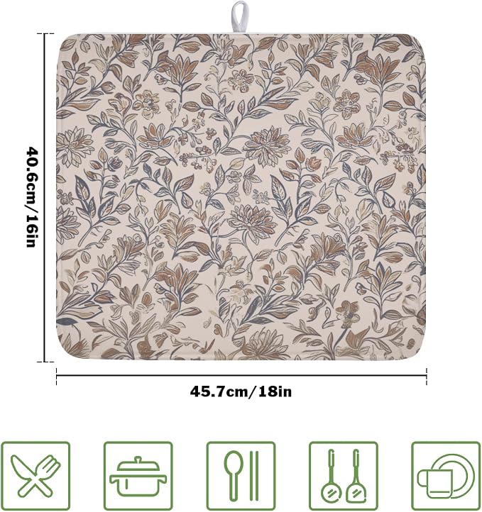 Vintage Floral Dish Drying Mat for Kitchen Counter Brown Antique Flower Microfiber Dish Drainer Mat Rustic Neutral Absorbent Washable Drying Pad 16"x18"