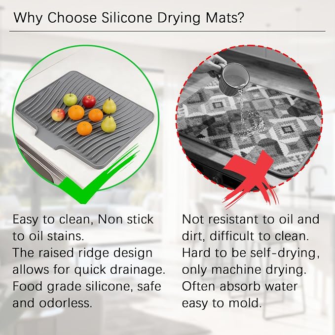 Silicone Drying Mat, 16"X13" With Built-in Drain Lip,Heat-Resistant,Eco-friendly,Hygienic Drying Pad,Leak-Proof and Non-Slip,Silicone Dish Drying Mat for Kitchen Counter or Sink（Gray 16X13）