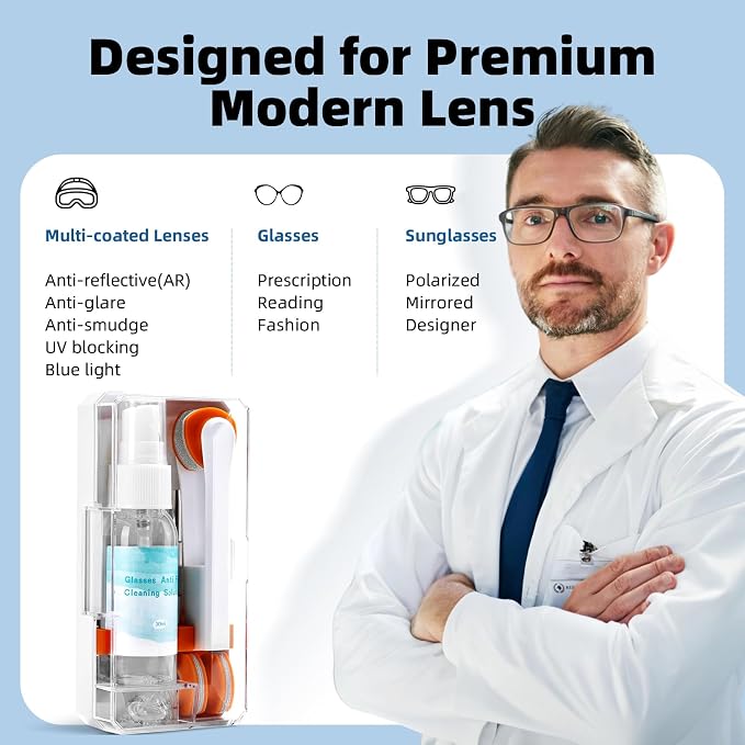 Glasses Cleaner Eyeglass Cleaning Kit with Anti Fog Spray, Microfiber Cloth | Streak-Free Cleaning Pads，Lens Wipes for Sunglasses Camera Lenses, Includes Screwdriver, Nose Pads, Ear Grips, Storage Case