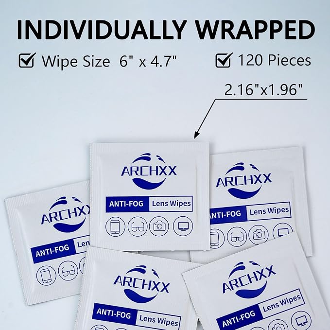 ARCHXX Anti Fog Wipes for Glasses, 120 Count,Pre-Moistened Cleaning Wipes, Lens Cleaner Wipe for Eyeglasses,Sunglasses,Goggles,Screen,Phone,Individually Wrapped Eye Glasses Cleaner
