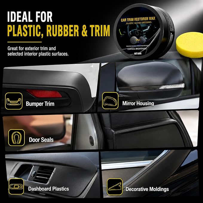Plastic Restorer for Cars, Black Restoration for Interior & Exterior, 80g | Restore faded black plastic, trim, rubber, vinyl and dashboard with UV protection, ceramic coating and water-resistant care