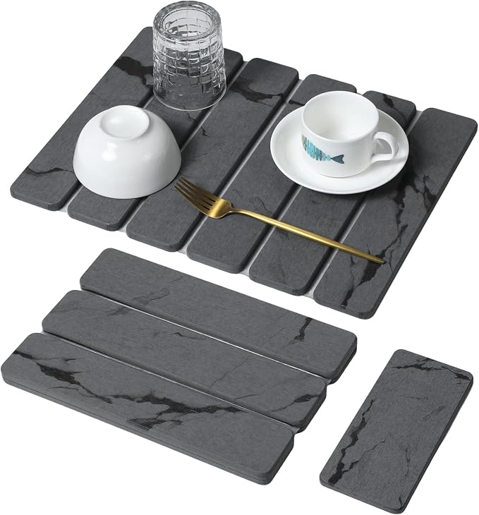 Large Stone Dish Drying Mat for Kitchen Counter, 2PCS Quick Dry Stone Dishes Mat,Foldable Water Absorbing Diatomaceous Drying Organizer Pad for Plate Rack Bottles Utensils(Dark Gray 16"x12" & 8“x4")