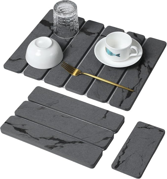 Large Stone Dish Drying Mat for Kitchen Counter, 2PCS Quick Dry Stone Dishes Mat,Foldable Water Absorbing Diatomaceous Drying Organizer Pad for Plate Rack Bottles Utensils(Dark Gray 16"x12" & 8“x4")