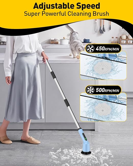 Shower Scrubber with Long Handle, Shower Cleaner Brush with 8 Brush Heads, Cordless Electric Spin Scrubber for Cleaning with 2 Speed, Cleaning Supplies for Bathroom Bathtub Kitchen Floor Tile Toilet
