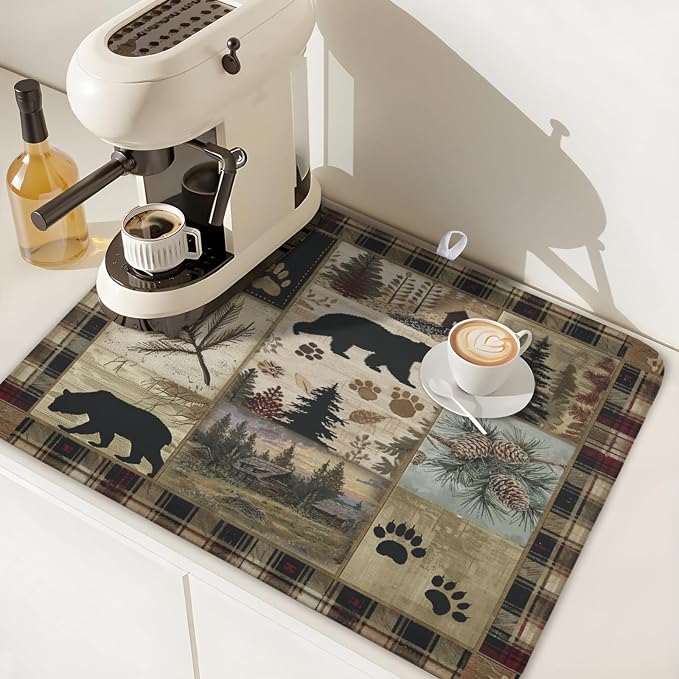 Giwawa Black Bear Dish Drying Mat Forest Cabin Decorative Dishes Pad 18x24 Inch Absorbent Fast Dry Dish Drainer Rack Mats for Kitchen Counter Sink
