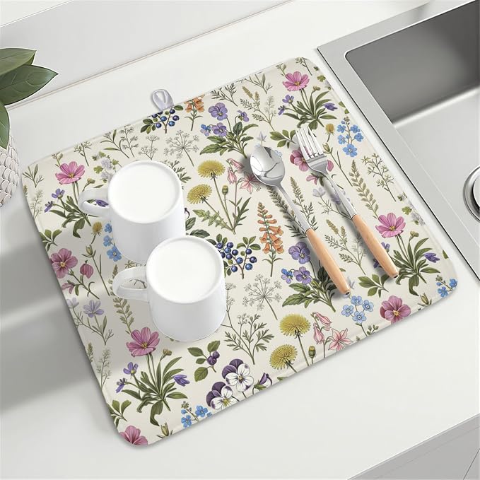 Rustic Botanical Print Floral Dish Drying Mat 16x18 Inch | Polyester，Absorbent Microfiber，for Kitchen Coffee Dining Bar Decor