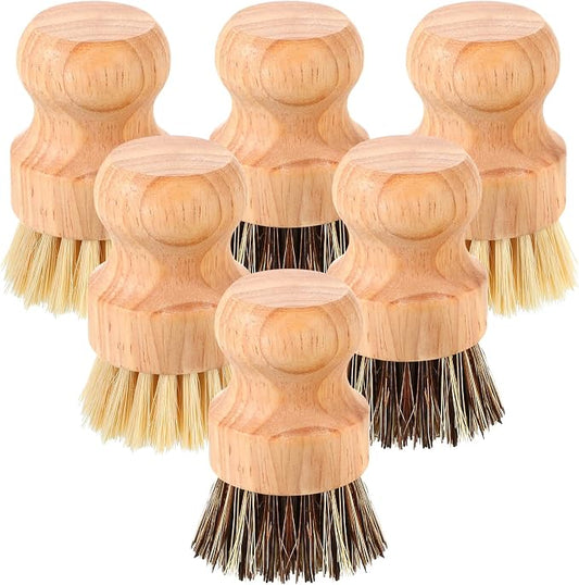 Nuenen 6 Packs Bamboo Dish Scrub Brushes Wooden Scrubbers Set Kitchen Dishwashing Scrubber with Natural Sisal Bristles for Iron Pot Pan Sink (Sisal and Coconut Palm)