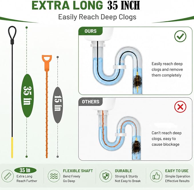 Drain Snake Hair Drain Clog Remover 35 Inch, 5PCS Reusable Sink Snake Drain Hair Remover Tool, Anti-Break Metal Plumbing Snake Drain Cleaner for Shower, Bathtub,Kitchen Sink