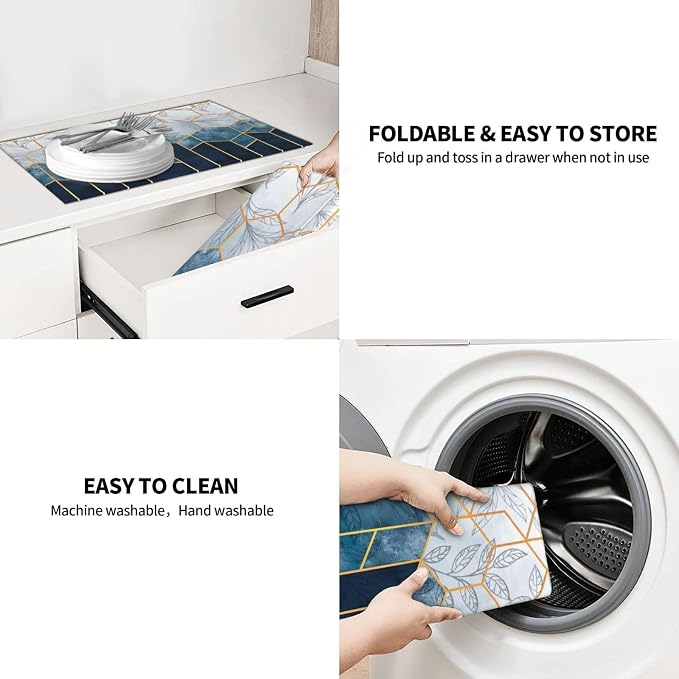 Blue Marble Texture Leaves Dish Drying Mat 18x24 For Kitchen Counter Absorbent Microfiber Dishes Pad Dish Drainer Rack Mats Fast Dry Kitchen Accessories