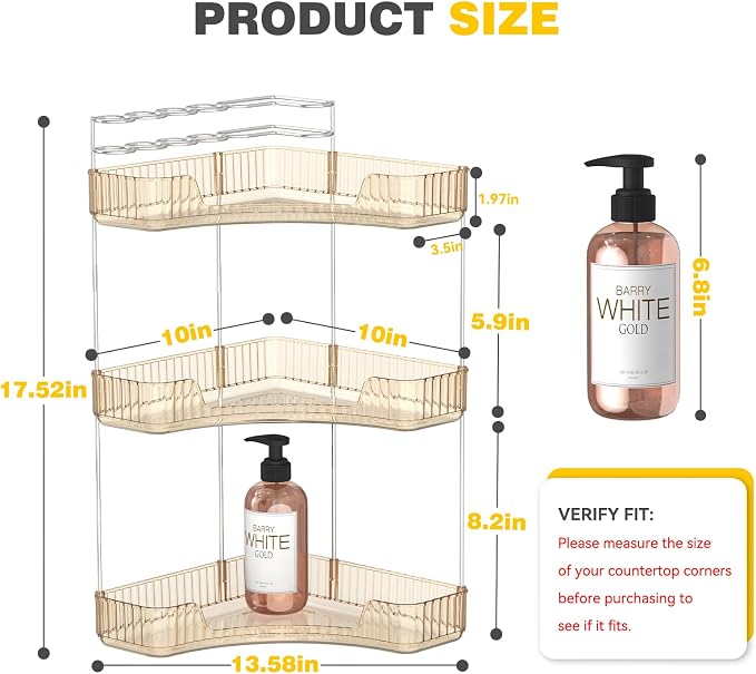 Asayuee 3-Tier Corner Bathroom Counter Organizer with Top Toothbrush Holders,Large Makeup Organizer Countertop with Brush Holder,Skincare Organizers Corner,Exquisite Vanity Organizer (Gold, 3 Tier)