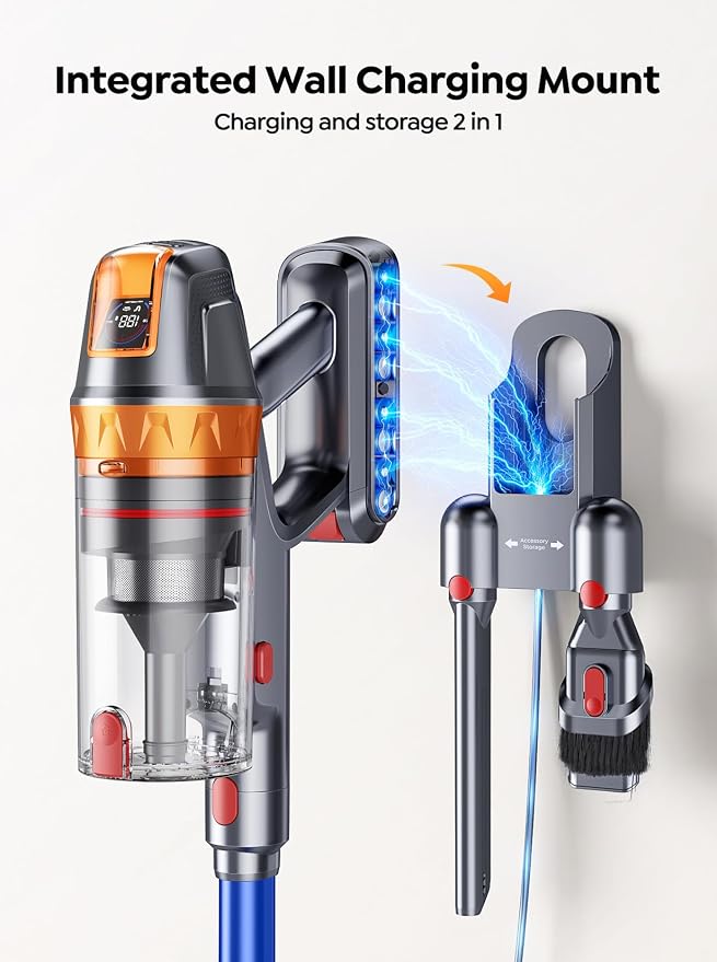 SMOTURE Cordless Vacuum Cleaner, 600W 45KPA 60Min Stick Vacuum Cleaners, Rechargeable Vacuum Cordless with Extra Mattress Cleaning Tool, Self-Standing, Wall Mount Charging, for Pet Hair Floor Carpet
