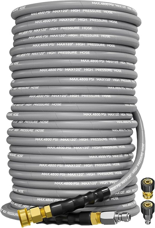 3/8" 4800PSI Pressure Washer Hose 200FT Swivel Quick Connect | Power Washer Hose for Cold/Hot Water Max 248°F, Kink Resistant Steel Wire Braided, Wear Resistant with M22 14mm Adapter