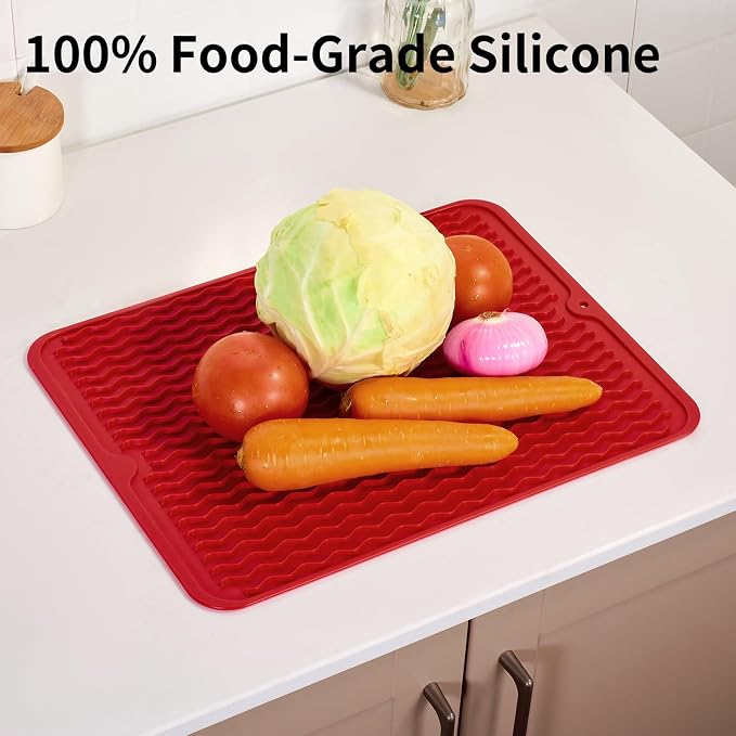 ZLR Silicone Dish Drying Mat for Kitchen Counter (12" x 16" / 307 x 405mm) - Large Fast-Dry Drainer Mat with Raised Wavy Ridges & 5mm Lip - Non-Slip, Heat Resistant 450°F, BPA-Free (Lava Red)