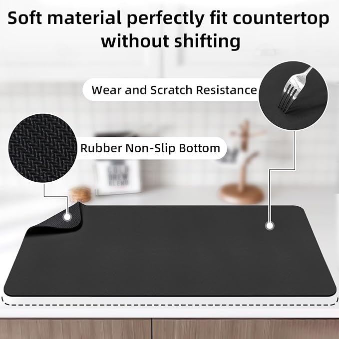 LOPNUR Kitchen Dish Drying Mat, 31.5"x17" Extra Large Dish Drying Mats for Kitchen Counter, Diatomite Coffee Mat Super Absorbent Dish Drying Pad, Heat Resistant Mat with Anti-slip Rubber Backed, Black