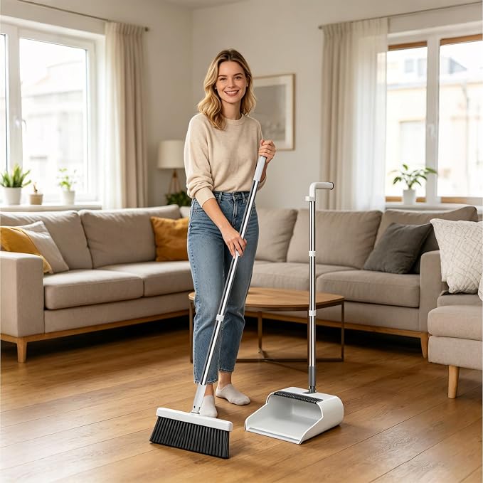 Household 53'' Broom and Dustpan Combo Set, Extra Long Handle Broom and ZeroGap Dustpan Sets with Teeth, Upright Storage Broom and Dustpan Sets for Home and Kitchen Off White