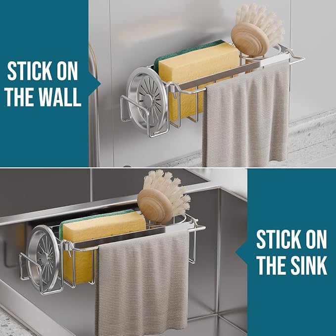 TAILI Sponge Holder with Strong Suction Cup, 4-in-1 Rustproof Sink Organizer - Sink Caddy Holds Sponges, Brushes, Stoppers & Scrapers -Silver