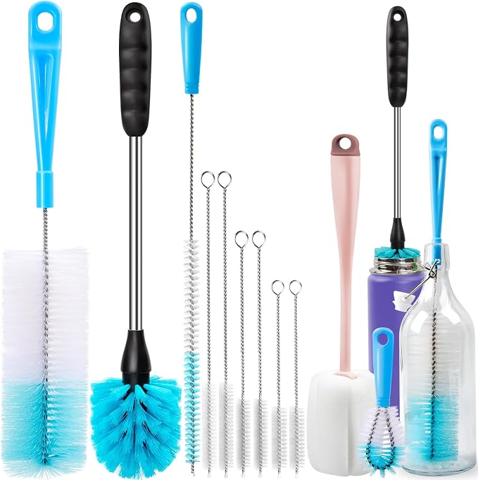 Holikme Bottle Brush Tube Cleaning Lab Set with Long Handle, Cup Cleaner for Washing Narrow Neck Beer Wine Decanter Pipes Lids Sinks Cap Covers, Pink
