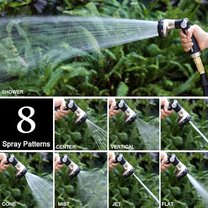 ESOW Garden Hose Nozzle Heavy Duty, 8 Patterns, Thumb On/Off Valve, Black | High pressure sprayer for watering plants, car wash, pet bath. Leak-proof, rustproof. Ergonomic comfort grip