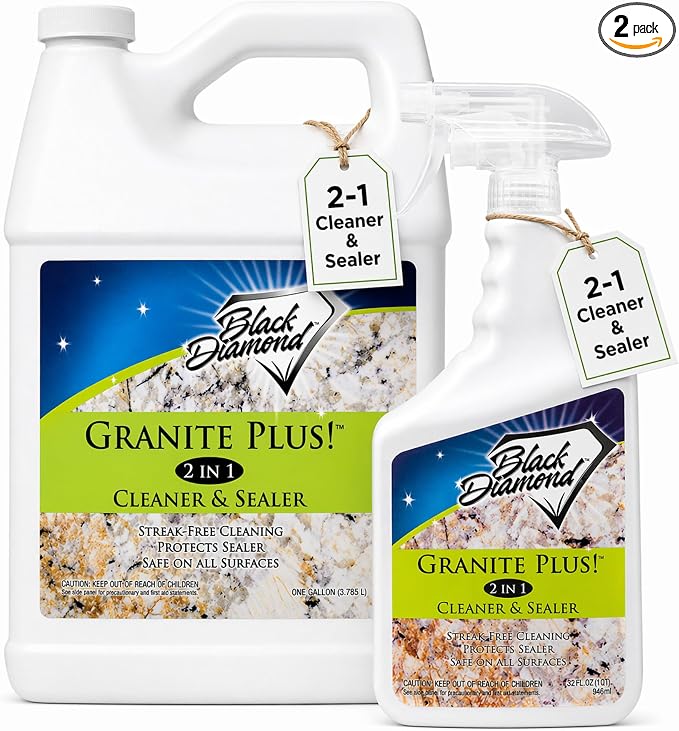 Black Diamond Stoneworks Granite Plus 2-in-1 Cleaner & Sealer, pH Neutral, Streak-Free Stone Cleaner for Granite, Marble, Quartz, Travertine & Limestone Countertops, Ready to Use (1-Quart/1-Gallon)
