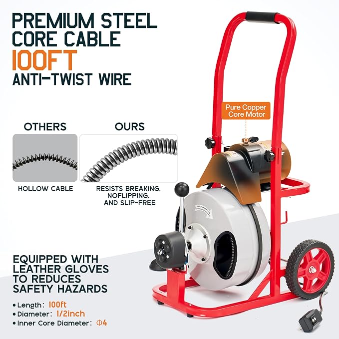 Albott 100 FT x 1/2 inch Electric Drain Cleaner Machine with Auto-Feed & 10 Cutters, Sewer Snake Auger for 1–4 Inch Pipes, Foot Switch & Wheels, Ideal for Home & Commercial Use, Gray/Red