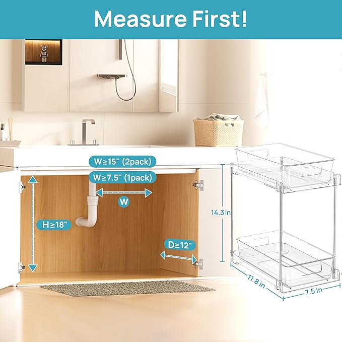 Vtopmart 2 Pack Higher Bathroom Organizer, 2 Tier White Under Sink Organizers Vanity Countertop Storage Container,Cabinet Drawers Bins, Pull-Out Organization with Track for Pantry, Kitchen