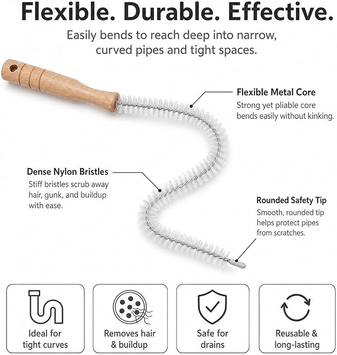 2 Pack Drain Cleaning Brush, 17 Inch Flexible Drain Cleaner Tool with Wooden Handle, Sink Brush with Nylon Bristles for Hair Clogs, Shower, Bathroom Tub, Kitchen Sink, Overflow Hole