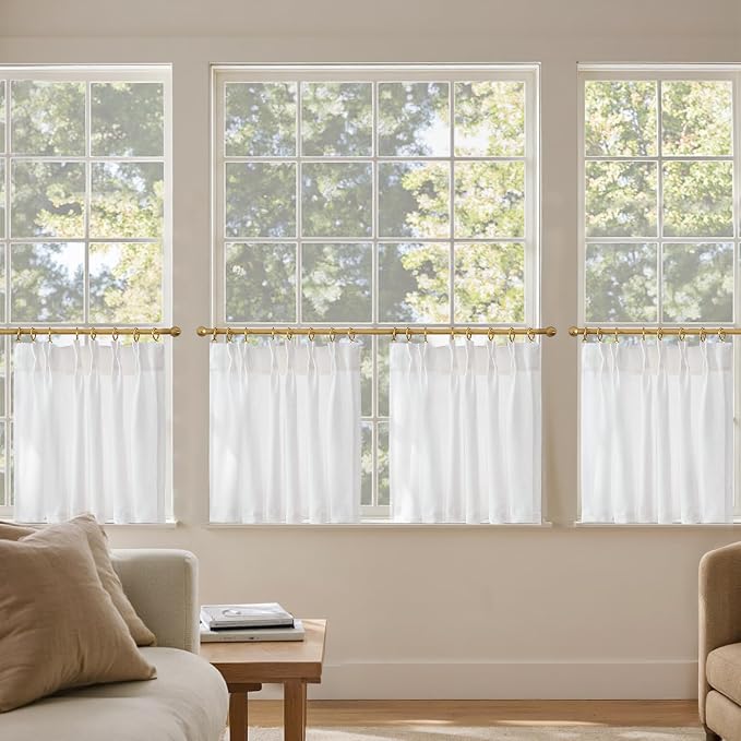 jinchan Pinch Pleated Linen Back Tab Tier Curtains, 26x24, 4 Panels, White | Light filtering,rod pocket,small window treatment,cafe curtains,machine washable,farmhouse,kitchen,bathrooms,laundry